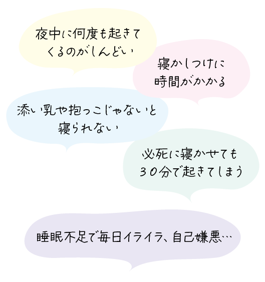 「夜中に何度も起きてくるのがしんどい」
「寝かしつけに時間がかかる」
「添い乳や抱っこじゃないと寝られない」
「必死に寝かせても３０分で起きてしまう」
「睡眠不足で毎日イライラ、自己嫌悪」